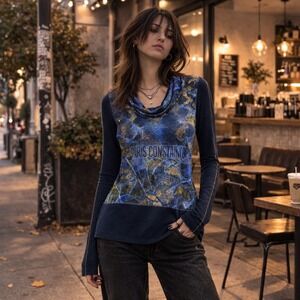 Dolcezza Simply Art Paris Constantinople Cowl Neck Long Sleeve Top Blue Med